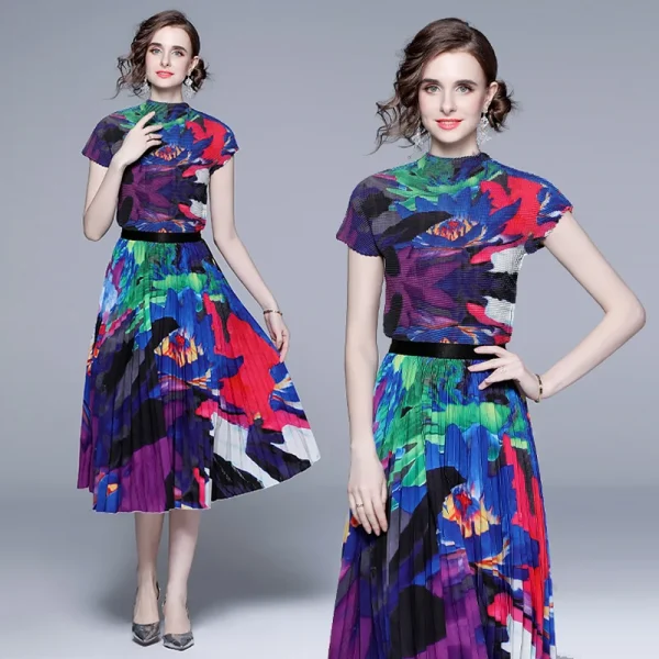 LE1246 in Stock Boutique Womens 2 Piece Sets High Quality Fabric Short-Sleeved Top Miyake Pleated Printed Long Pleated Skirt - Image 5