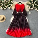 LE2585 Vintage Gradient Printed Dresses 2025 Autumn Lantern Long Sleeve Pleated Dress Women Boutique Belted Midi Party Dresses