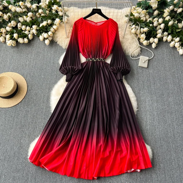 LE2585 Vintage Gradient Printed Dresses 2025 Autumn Lantern Long Sleeve Pleated Dress Women Boutique Belted Midi Party Dresses