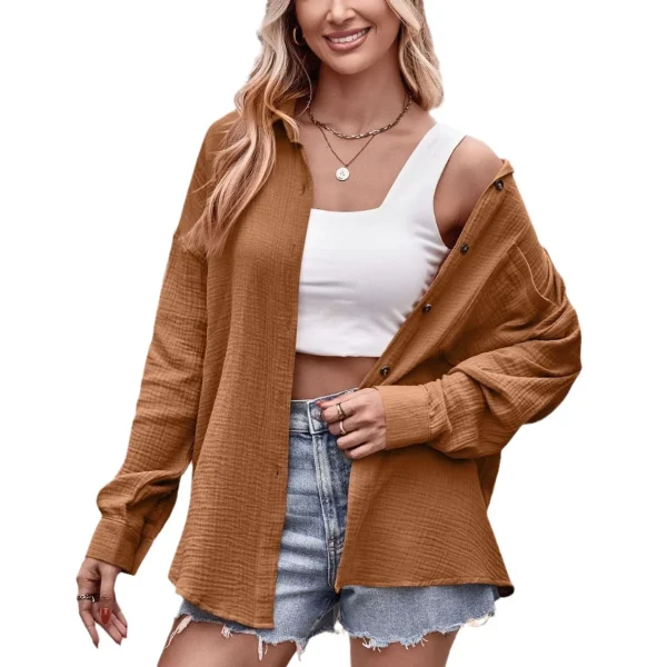 Women's Fall and Winter New Cross-border Casual Fashion Pockets Loose Long-sleeved Solid Color Shirt - Image 4