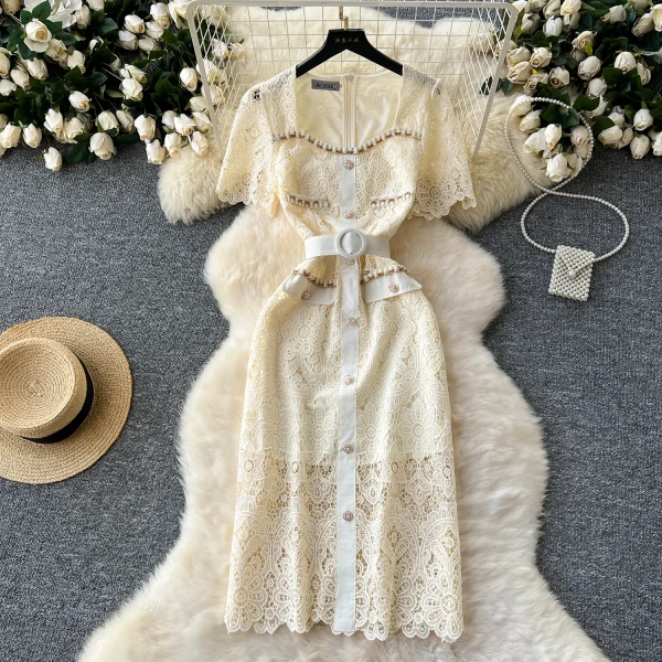 LE2623 Autumn Heavy Industry Nail Beaded Diamond Square Neck Lace Dresses Women Hollow Hook Flower Embroidery Midi Dress 2025