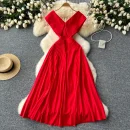 LE2624 Temperament Large Size Deep V-Neck Evening Dress Red Pleated Skirt Stitching Bridesmaid'S Wedding Dress Loose Maxidress