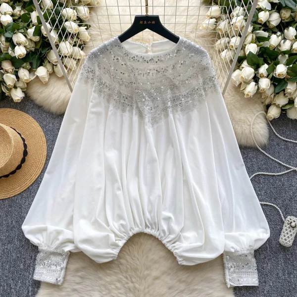 LW0835 Light Luxury Senior Sense Velvet Shirt Women Inlaid Diamond Loose Design Temperament Blouses Elegant Women - Image 3