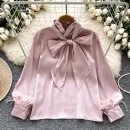 LW0825 Fine Beaded Bow Neckline Long Sleeve Blouse Lady Satin Top Lady Blouses Elegant Women Ladies