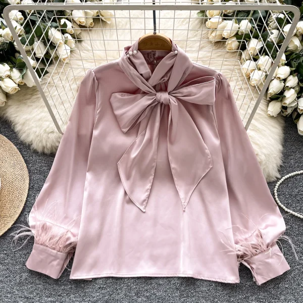 LW0825 Fine Beaded Bow Neckline Long Sleeve Blouse Lady Satin Top Lady Blouses Elegant Women Ladies - Image 3