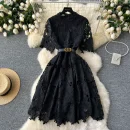 LE2616 Women'S Boutique Autumn Lace Floral Dress Lady Hollow Embroidery Midi Dresses Socialite Party Lace Dresses Women Elegant