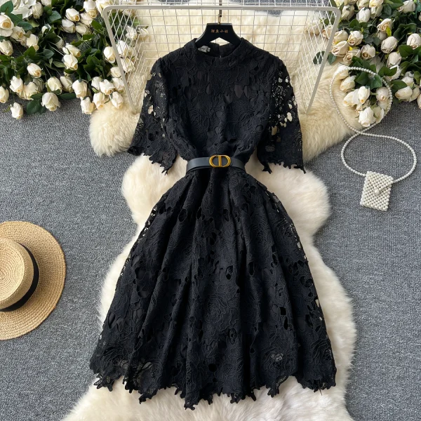 LE2616 Women'S Boutique Autumn Lace Floral Dress Lady Hollow Embroidery Midi Dresses Socialite Party Lace Dresses Women Elegant - Image 5