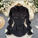 LW0751 Blouses Elegant Women Puffed Sleeve Shirt Pure Desire Satin Patchwork Halter Fishbone Vest Two-Piece Set