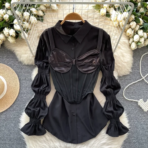 LW0751 Blouses Elegant Women Puffed Sleeve Shirt Pure Desire Satin Patchwork Halter Fishbone Vest Two-Piece Set