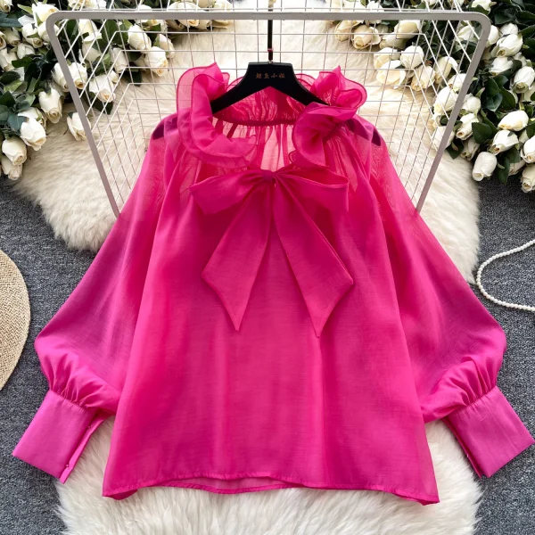 LW0831 Long Sleeve Shirt 2025 Spring New Lace-Up Ruffled Loose Temperament Blouses Elegant Women Ladies Tops For Women Casual