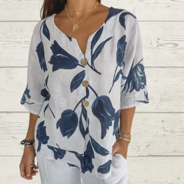 New Printed Cotton Linen V-neck Short Sleeve Pullover Shirt