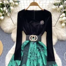 LE2647 Ladies Boutique Midi Dresseses Women Direct Dress Female Autumn Velvet Splicing Jacquard Long Dresses