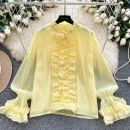 LW0829 Light Luxury Senior Sense Trumpet Sleeve Shirt Women'S Wooden Ear Edge Gauze Diamond Design Blouses 2025