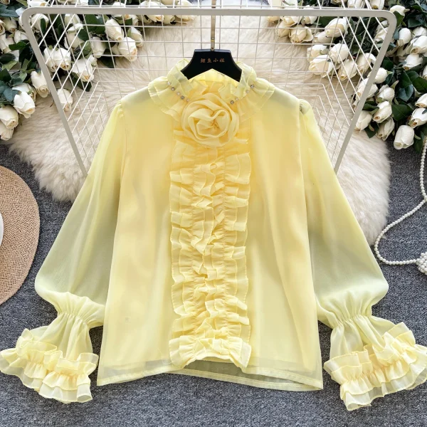 LW0829 Light Luxury Senior Sense Trumpet Sleeve Shirt Women'S Wooden Ear Edge Gauze Diamond Design Blouses 2025 - Image 3