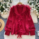 LW0705 Light Luxury Senior Sense Lapel Shirt Women Feather Splicing Temperament Blouses Elegant Women