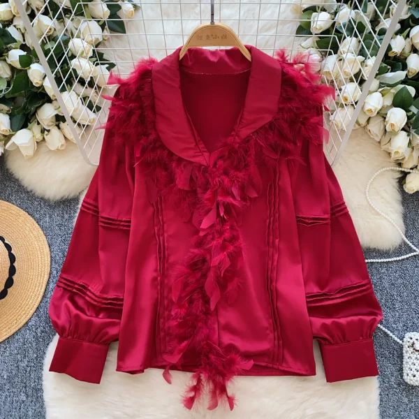 LW0705 Light Luxury Senior Sense Lapel Shirt Women Feather Splicing Temperament Blouses Elegant Women - Image 4