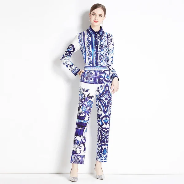 LE1861 Luxury Women'S Suit Mayorika Printed Shirt High Waisted Straight Leg Pants Formal Office Party 2 Piece Set - Image 5