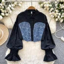 LW0753 Spring Dress Shirt Women 2025 New Design Sense Long Sleeve Splicing Color Short Denim Shirt Style Blouses Elegant Women