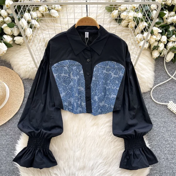 LW0753 Spring Dress Shirt Women 2025 New Design Sense Long Sleeve Splicing Color Short Denim Shirt Style Blouses Elegant Women - Image 3