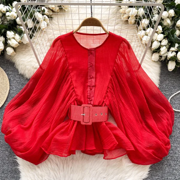 LW0824 Blouse Women Design Sense Round Neck Lantern Sleeve Cardigan Shirt Fashion Shirt Blouses Elegant Women
