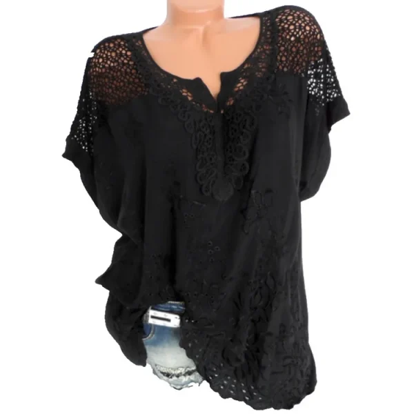Fashion Women's Lace V-neck Embroidery Short-sleeved Chiffon Bat Shirt - Image 3