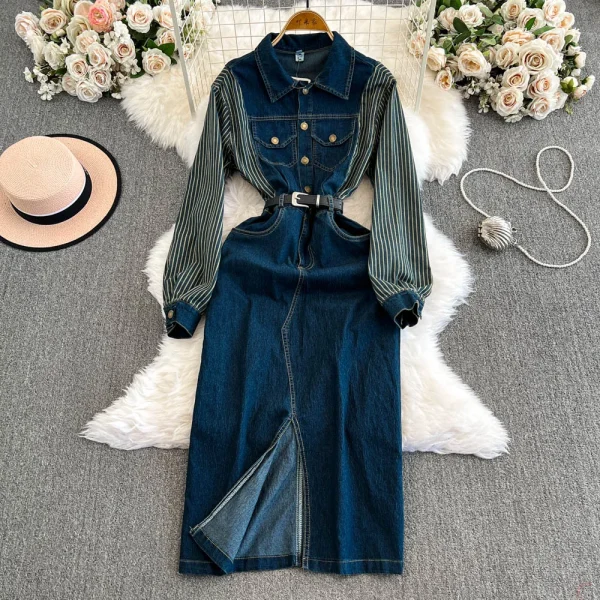 LE2670 European Splicing Denim Dresses Women'S Boutique 2025 Autumn and Winter Foreign Office Shirt Dresses Women Lady Elegant