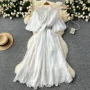 LE2627 French Vintage Maxi Evening Dresses Woman Elegant Lace-Up Ruffled Short Sleeve A-Line Long Dress Lady 2025 New