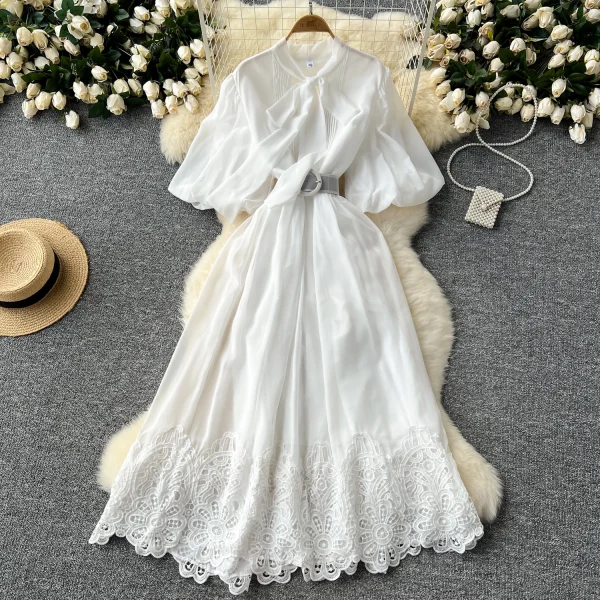 LE2627 French Vintage Maxi Evening Dresses Woman Elegant Lace-Up Ruffled Short Sleeve A-Line Long Dress Lady 2025 New - Image 3