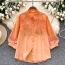 LW0747 2025 New High-Grade Hollow Hook Embroidery Lace Lantern Sleeve Slim Chic Shirts for Women Tops