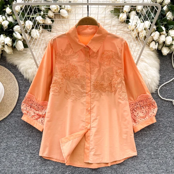 LW0747 2025 New High-Grade Hollow Hook Embroidery Lace Lantern Sleeve Slim Chic Shirts for Women Tops - Image 3