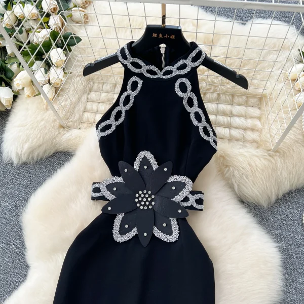 LE4767 Sexy Hollow Waist Exposure Hot Drill Three-Dimensional Flower Waist Slimming Sleeveless Neck Hanging Foreign Dress - Image 2