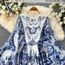 LE4046 Autumn Dress Niche Design Sense Holiday Style Vintage Print Flared Sleeve Chiffon Long Dress