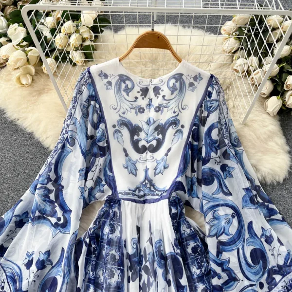 LE4046 Autumn Dress Niche Design Sense Holiday Style Vintage Print Flared Sleeve Chiffon Long Dress - Image 3