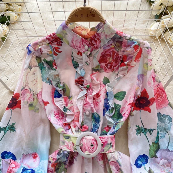 LE2643 Retro Romantic Mini Printed Dresses Woman Atmosphere Sense Floral Dress Female Lantern Sleeve Super fairy Short Dresses - Image 3
