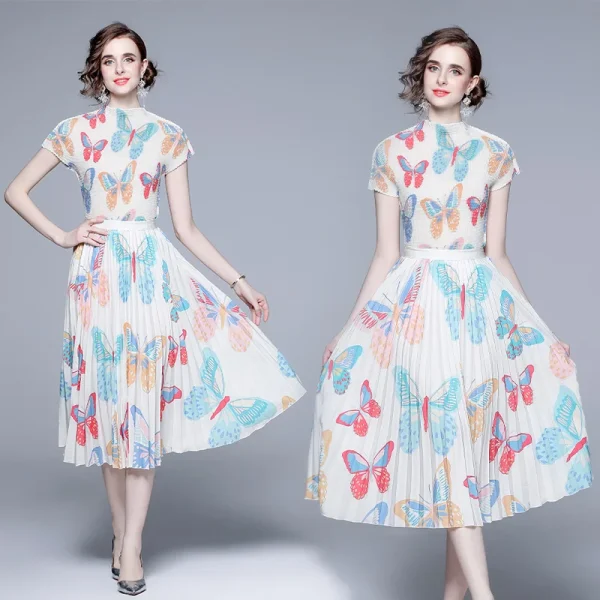 LE1238 in Stock New Pleated Print Evening Gown Dress Elegant Summer 2 Piece Set for Women Miyake Pleated Boutique Midi Skirt - Image 5