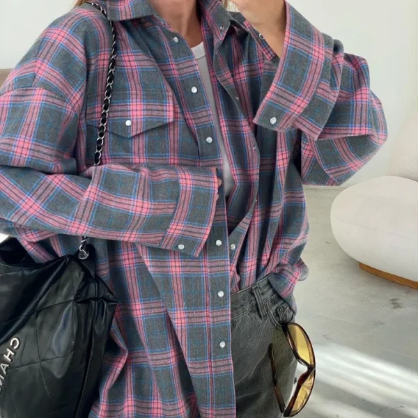 Plus Size Graceful All-match Plaid Casual Shirt 2025 New Arrival Hot Sale Simple Loose Top Coat Women - Image 5