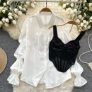 LW0751 Blouses Elegant Women Puffed Sleeve Shirt Pure Desire Satin Patchwork Halter Fishbone Vest Two-Piece Set