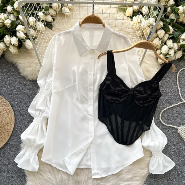 LW0751 Blouses Elegant Women Puffed Sleeve Shirt Pure Desire Satin Patchwork Halter Fishbone Vest Two-Piece Set - Image 4