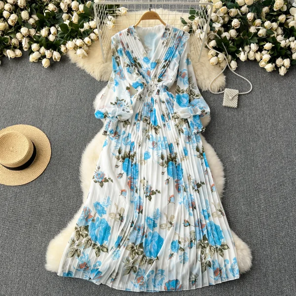 LE2608 Women'S Boutique Clothing Maxi Printed Dress Ethnic V-Neck Pleated Floral Chiffon Dresses Socialite Party Evening Dress - Image 5