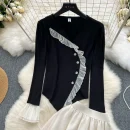 LE2085 Wear a Set of Women Sweet Wooden Ear Edge Color Shirt With High-Waisted Chiffon Skirt French Two-Piece Set