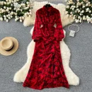 LE4783 Elegant Dress Women'S New French Three-Dimensional Flower Pleated Waist Fold Slit Print Skirt With Ruffled Edge