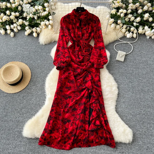 LE4783 Elegant Dress Women'S New French Three-Dimensional Flower Pleated Waist Fold Slit Print Skirt With Ruffled Edge - Image 4