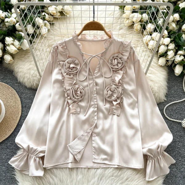 LW0651 2025 Spring New Advanced Sense Three-Dimensional Flower Lace-Up Long Sleeve Satin Blouse Shirts for Women - Image 5