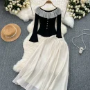 LE2084 French Retro Early Spring Wear Set Sweet Ruffled Top Color Contrast Chiffon Skirt Two-Piece Set