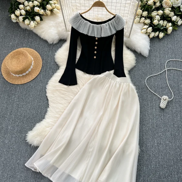 LE2084 French Retro Early Spring Wear Set Sweet Ruffled Top Color Contrast Chiffon Skirt Two-Piece Set - Image 3