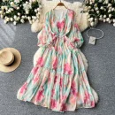 LE2627 Ethnic Beaded V-Neck Printed Dress Temperament Lantern Long Sleeve Long Floral Dresses Women Elegant Holiday Dinner Dress