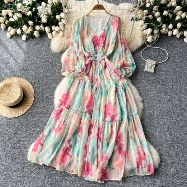LE2627 Ethnic Beaded V-Neck Printed Dress Temperament Lantern Long Sleeve Long Floral Dresses Women Elegant Holiday Dinner Dress - Image 5