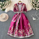 LE2607 2025 Vintage Maxi Printed Dress Ethnic Deep V-Neck Flowers Dresses Woman Socialite Holiday Party Evening Dress Lady