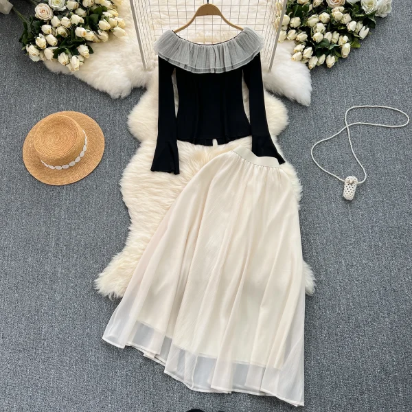 LE2084 French Retro Early Spring Wear Set Sweet Ruffled Top Color Contrast Chiffon Skirt Two-Piece Set