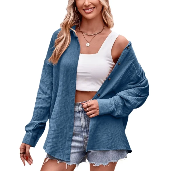 Women's Fall and Winter New Cross-border Casual Fashion Pockets Loose Long-sleeved Solid Color Shirt - Image 5